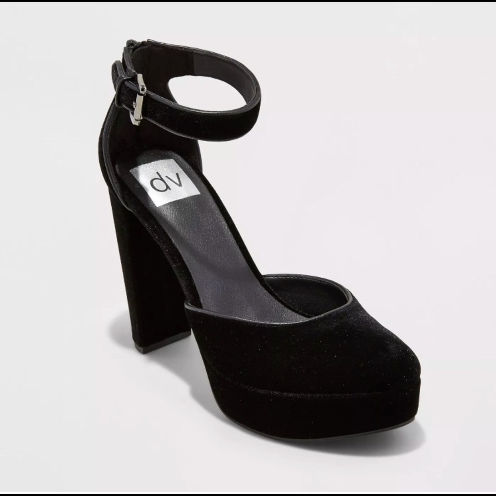 Black velvet ankle strap pumps